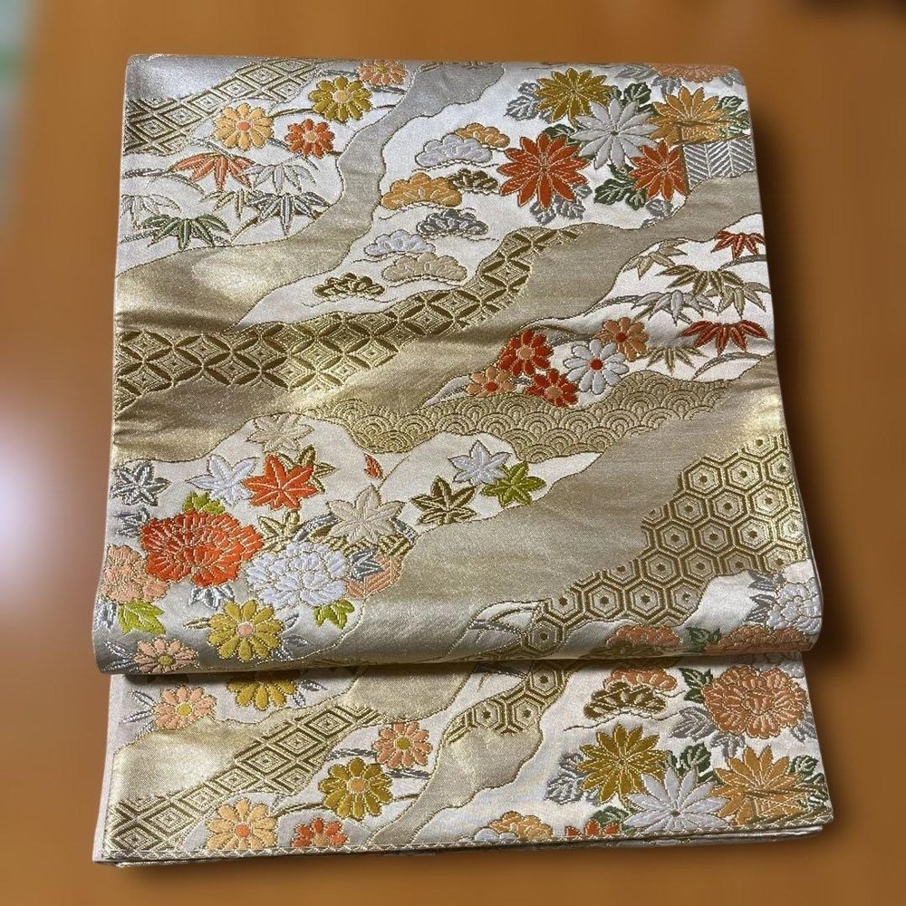 Gold, silver, orange, white, yellow-green, floral pattern bag obi
