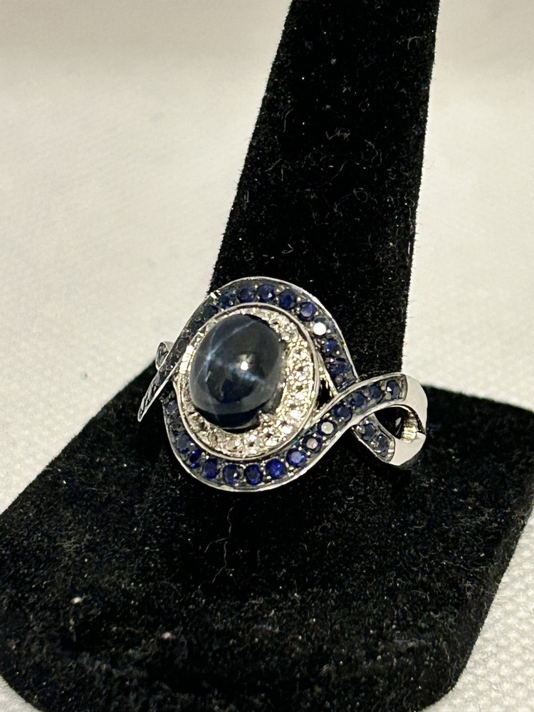 Blue Star  Blue Sapphire, White Topaz, Silver womens ring, fashion jewelry, new