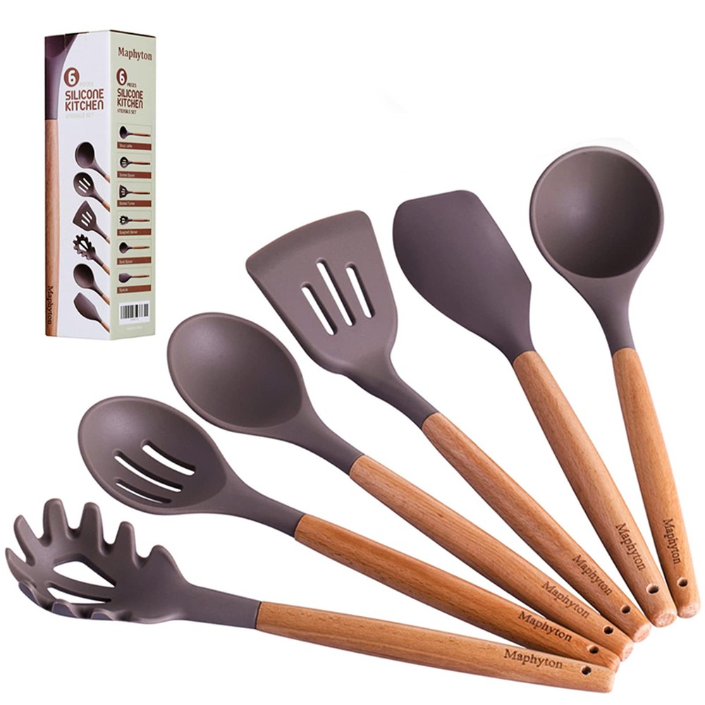 Mapthon Silicone Cooking Kitchen Utensils Set 6 PCS with Wooden Handle for No...