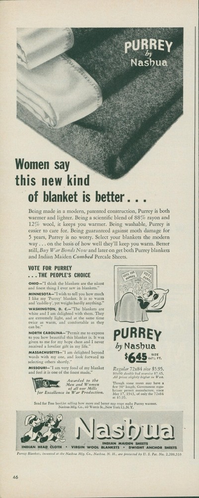 1944 Nashua WWII Army Navy E Blanket Vintage Print Ad L19