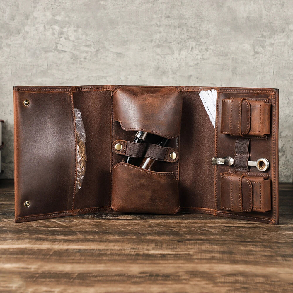 Travel Genuine Leather Tobacco Pipe Case Smoking Accessories Pipe Roll Pouch Bag