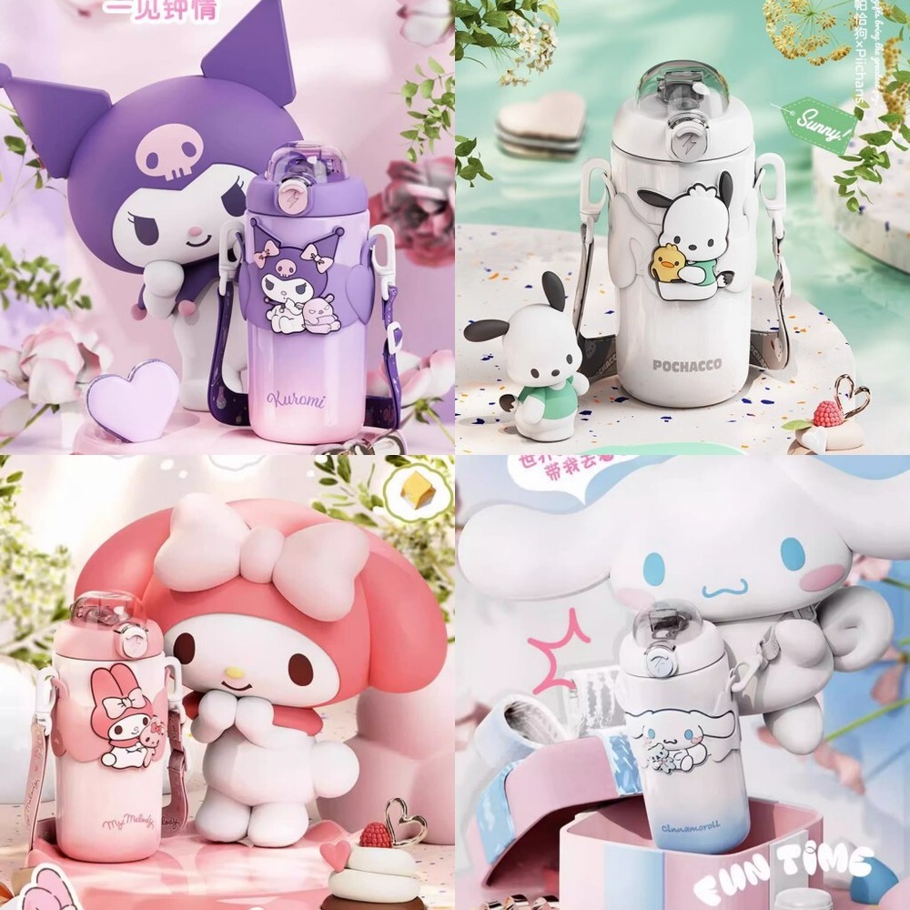 Kuromi Melody Pochacco Stainless Steel Vacuum Cup w/Hanging Rope Straw Bottle