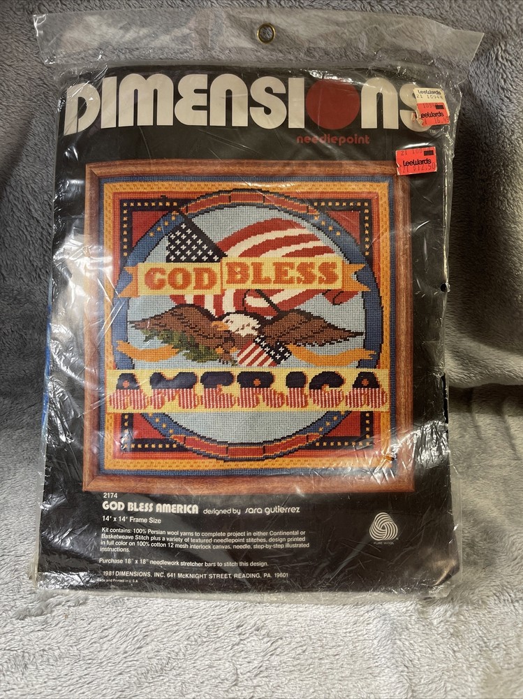 VTG Sara Gutierrez Dimensions GOD BLESS AMERICA NEEDLEPOINT KIT Patriotic 1981