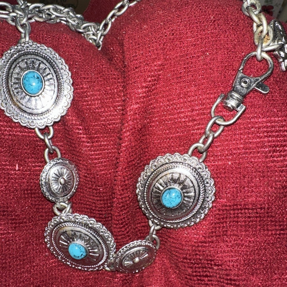 Concho Belt Silver Tone Chain Faux Turquoise Statement Hip Swag Southwestern M-L