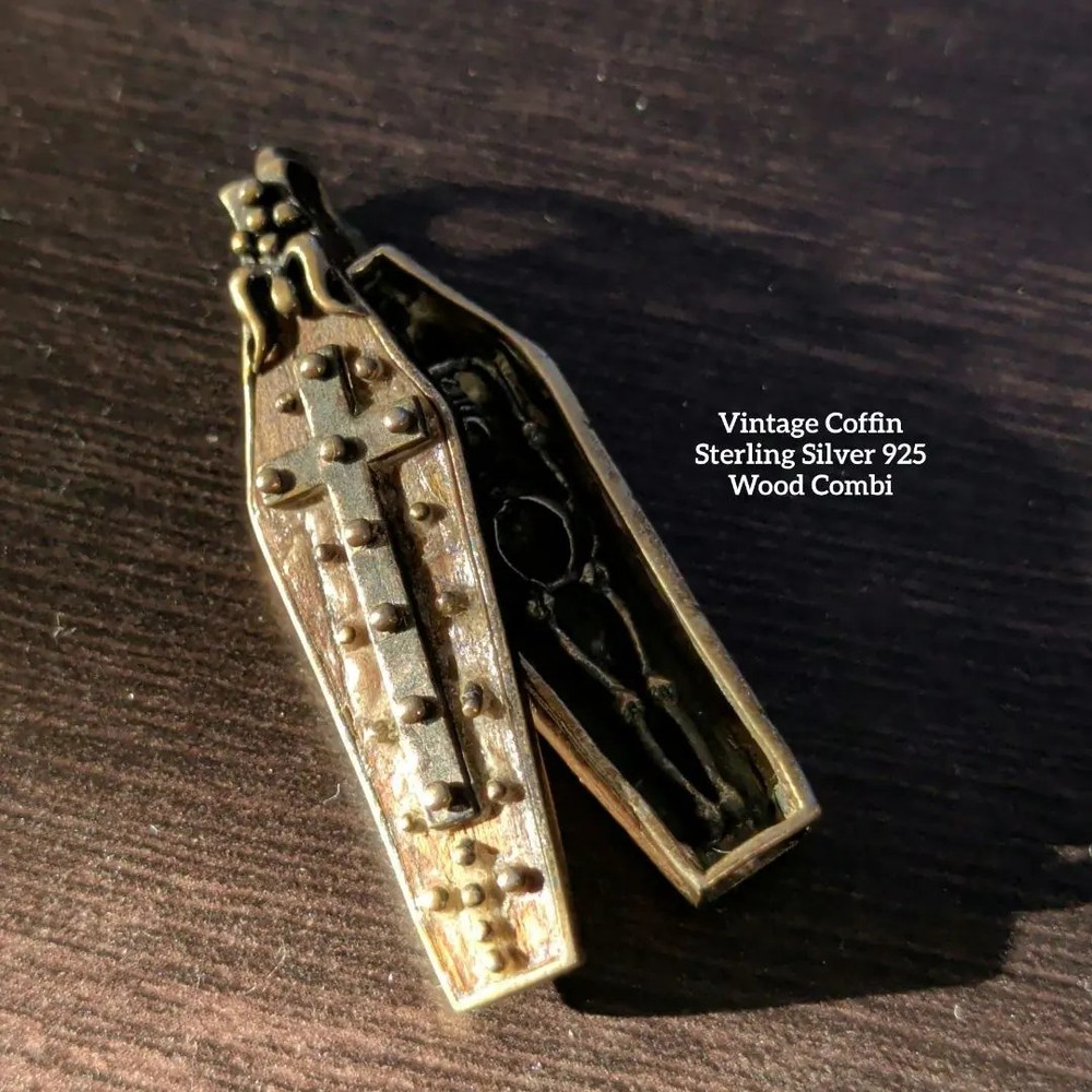 Vintage Sterling Silver Coffin Necklace Pendant Top with Skull, Gothic Gothic FS