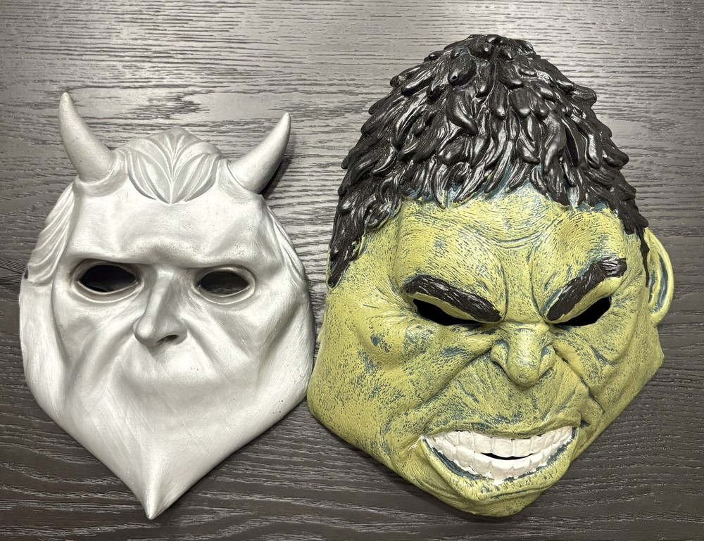 Pair of Halloween Masks The Incredible Hulk & a Silver Devil Soft Latex VG+