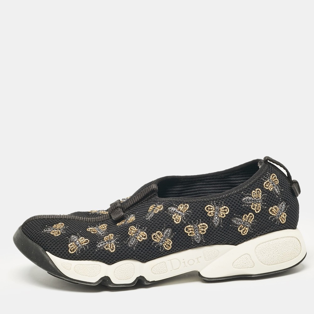Dior Black Mesh Bee Embellished Slip-On Sneakers Size 38.5
