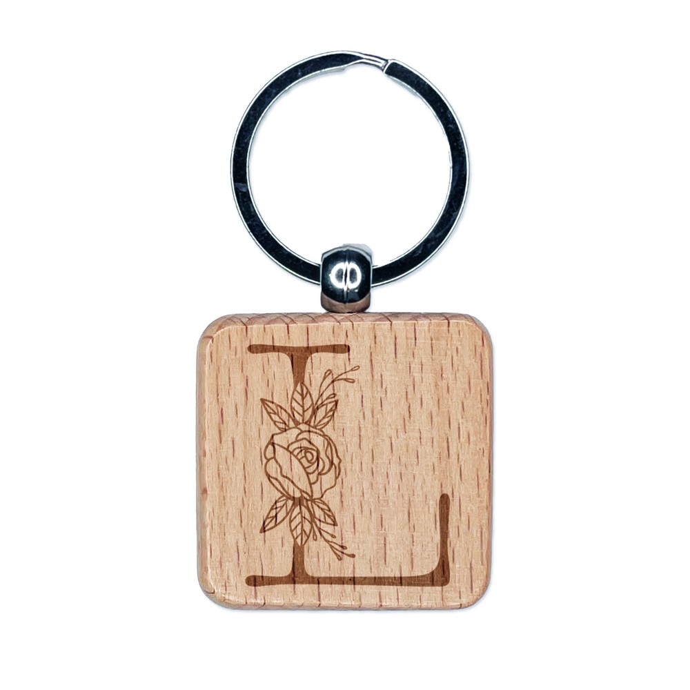Rose Typewriter Font Wood Keychain with Capital Letter L Engraving