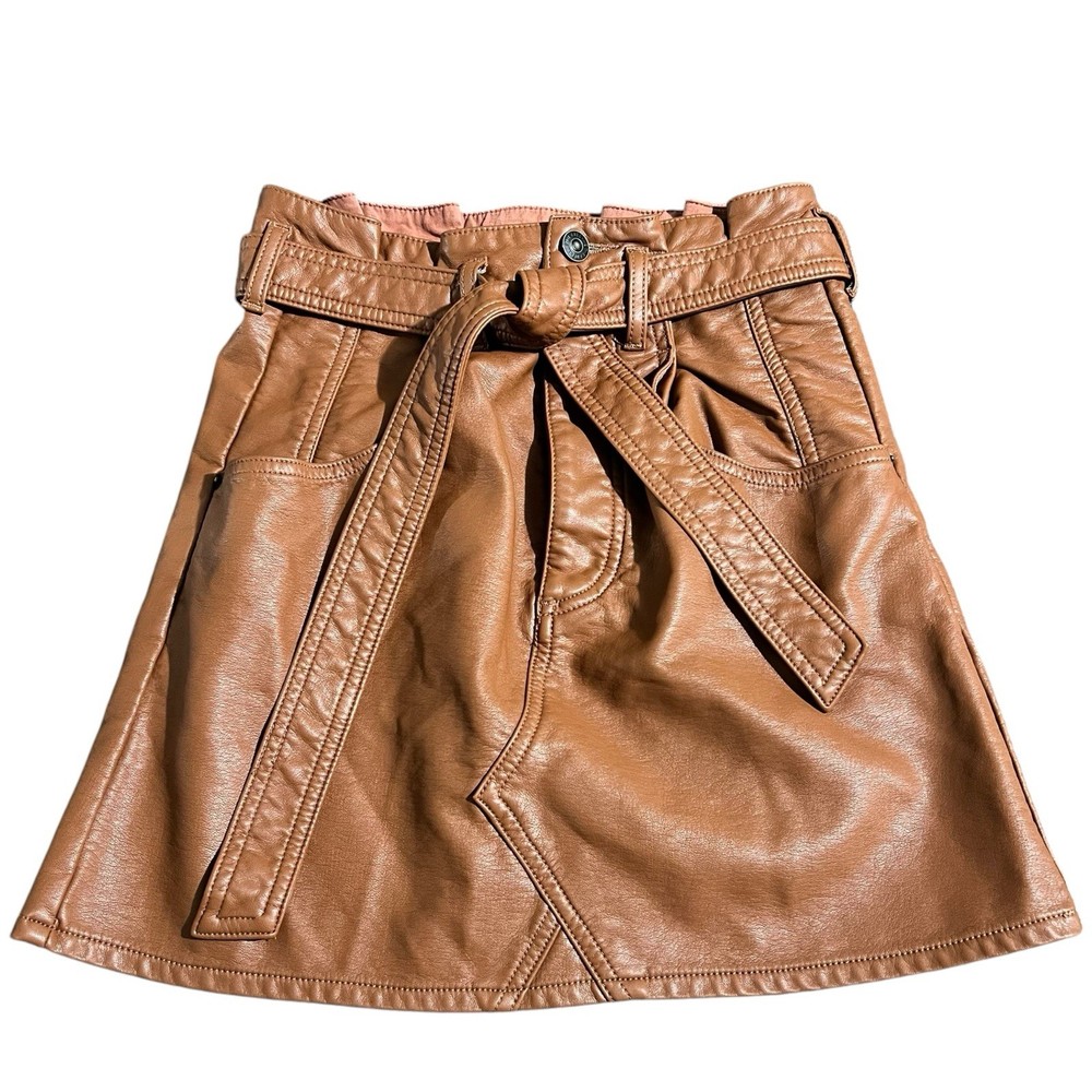 Free People Vegan Leather Brown Mini Skirt with Belt