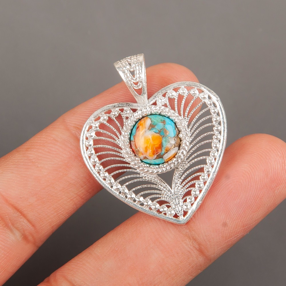 Gift For Women Pendant Love 925 Sterling Silver Natural Spiny Oyster Gemstone