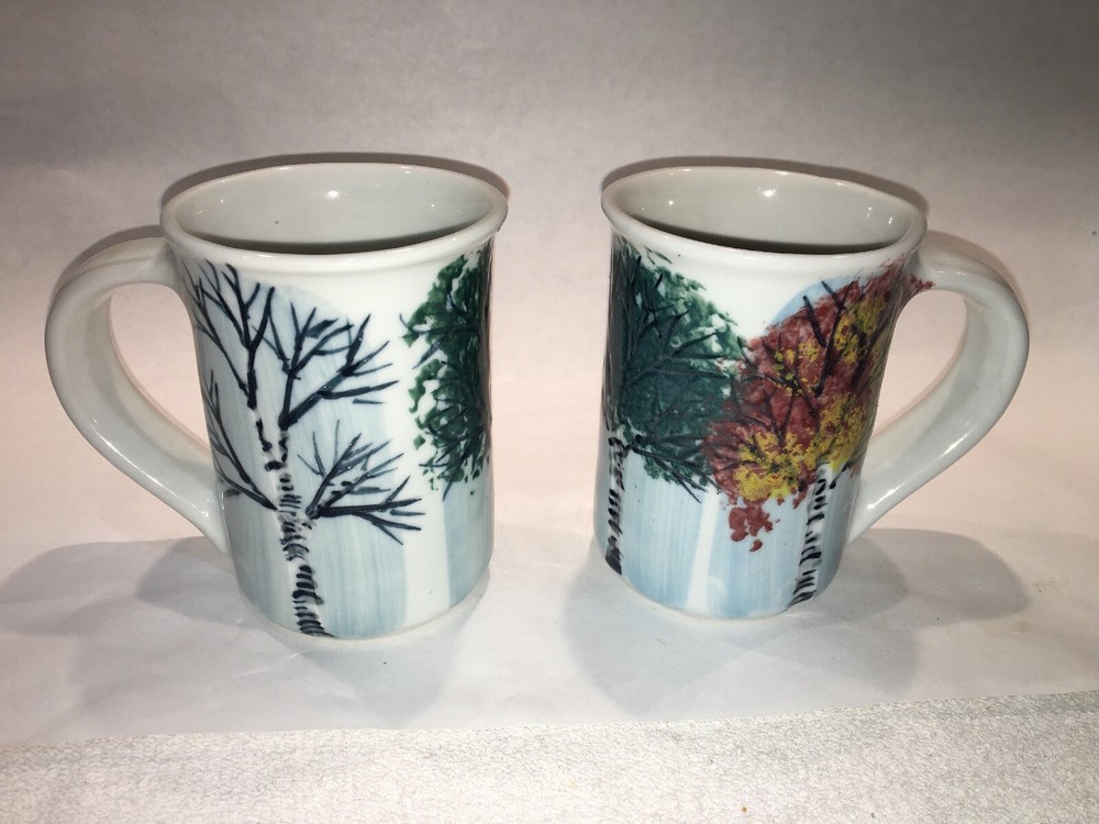 2 Vintage GEORGETOWN POTTERY Maine SEASONAL BIRCH large mugs Discontinued 2007-image