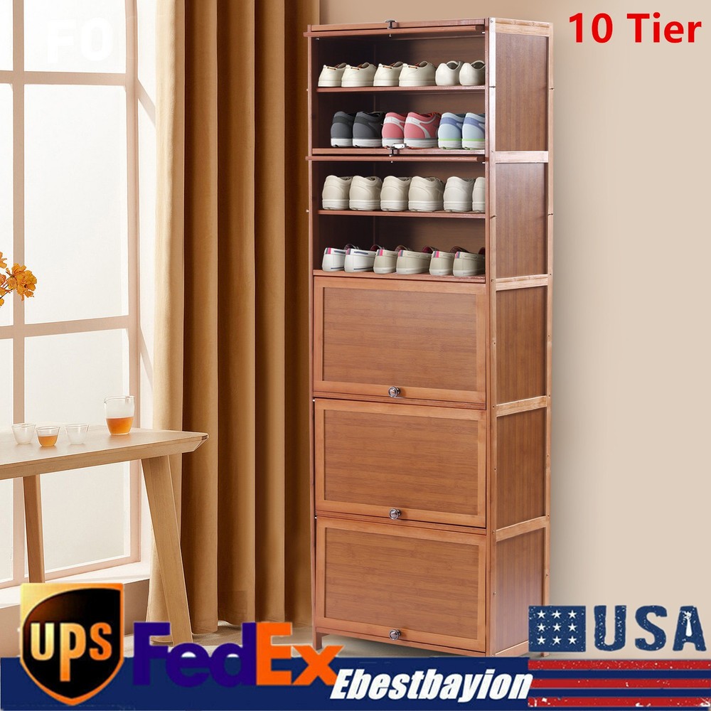 10-Tier Shoe Rack Bookshelf with Sliding Cabinet Doors for Hidden Storage