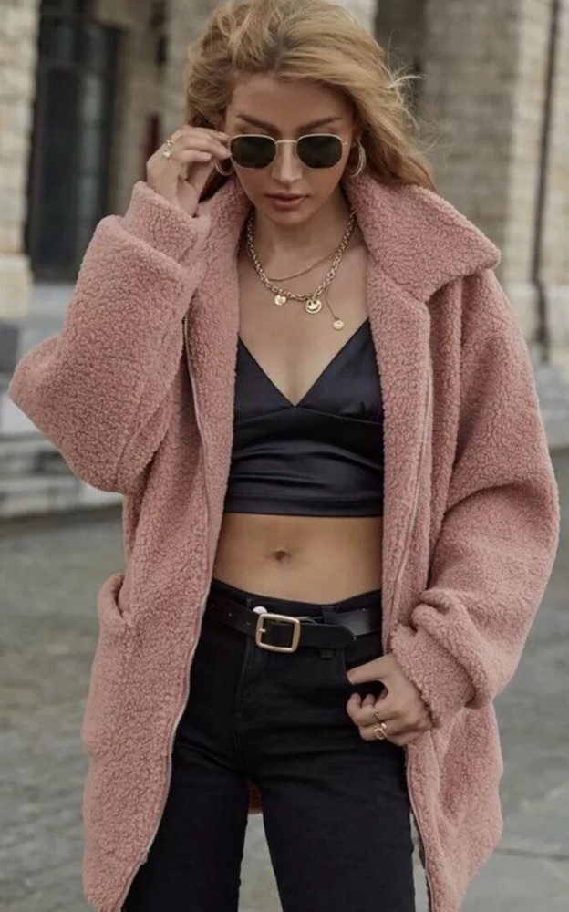 $295 UGG Kaley Teddy Bear Pink Sherpa Jacket 1102223 Women’s Sz S Over Size