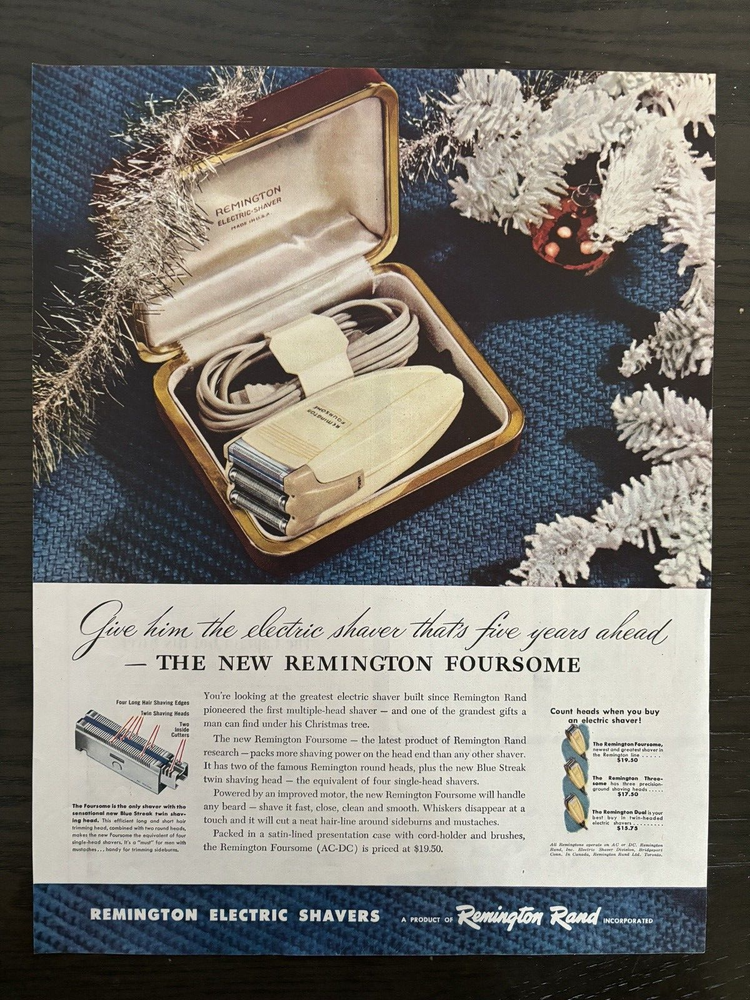 REMINGTON ELECTRIC SHAVERS FOURSOME RAND CHRISTMAS VINTAGE PRINT AD 1946