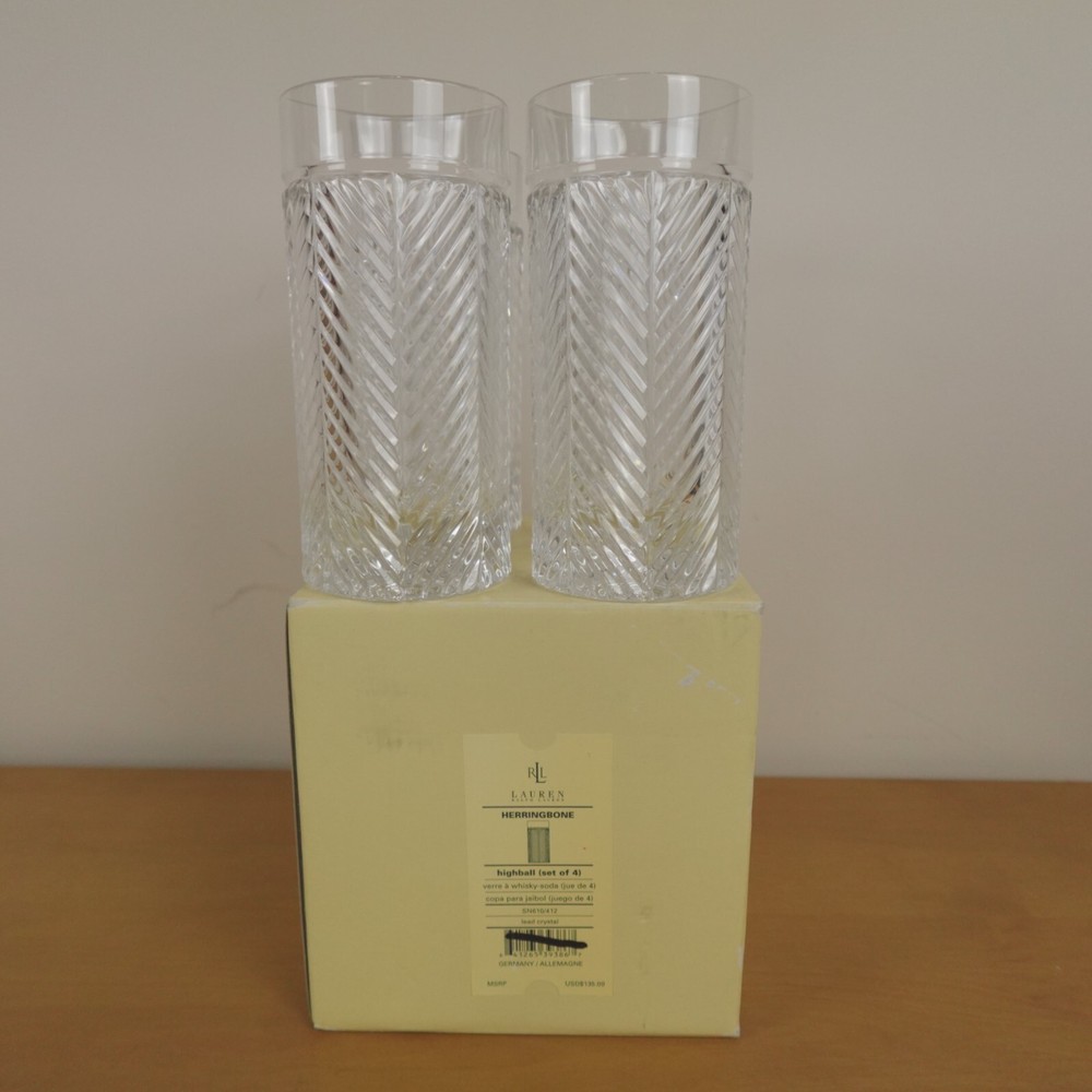 Ralph Lauren Herringbone Glasses Highball Lead Crystal Set of 4 New Signed