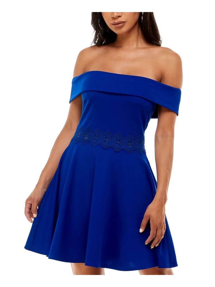 B DARLIN Womens Blue Scuba Crepe Short Sleeve Short Dress 1\2