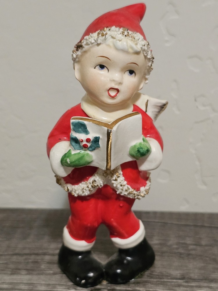 VTG Christmas Caroling Boy w Spaghetti Trim Gold Accents  Japan SH2