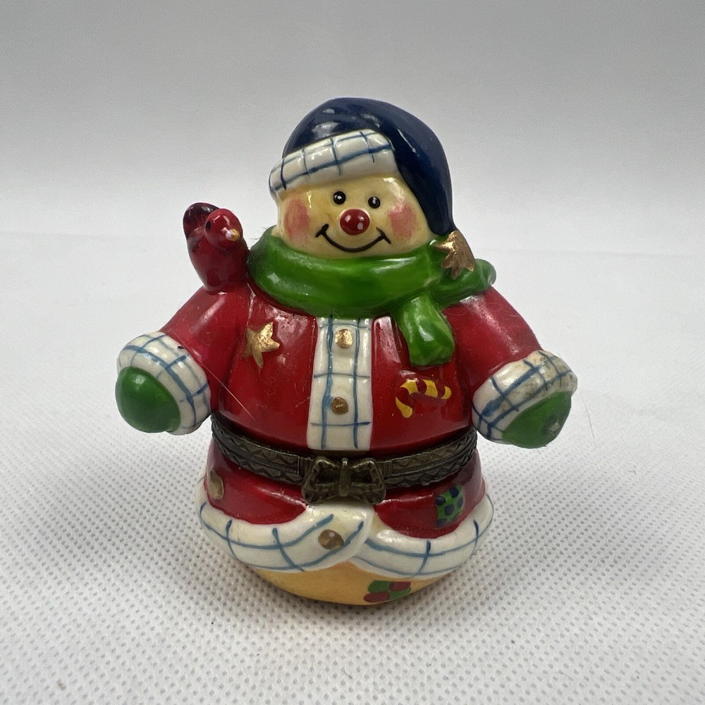 Porcelain Snowman Trinket Box 2.75 Inch Blue Hat Red Bird Shoulder Decorative Storage