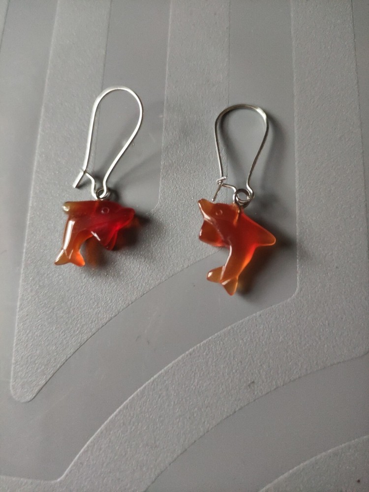 Carnelian Dolphin Pendant Earrings Silver Plated Kidney Hook