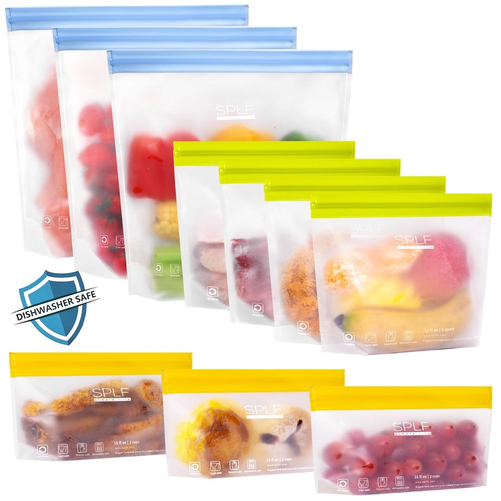 Best SPLF 10 Pack Stand-Up Reusable Food Storage Bags Dishwasher Safe, BPA Free