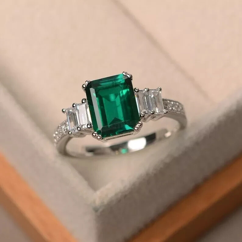 3. Ct Emerald Cut Natural Emerald Diamond Wedding Ring 14K White Gold Solid