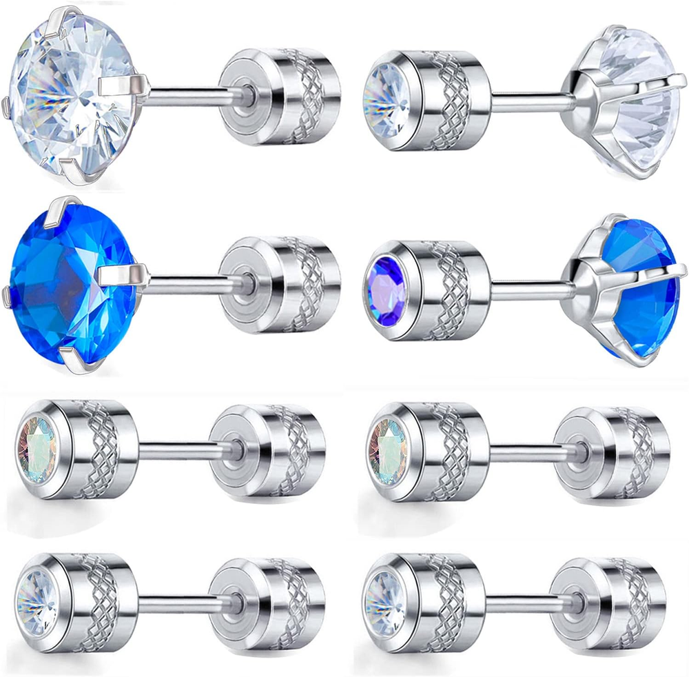 Pack of 4 Cubic Zirconia Stainless Steel Screw Back Earrings Hypoallergenic for