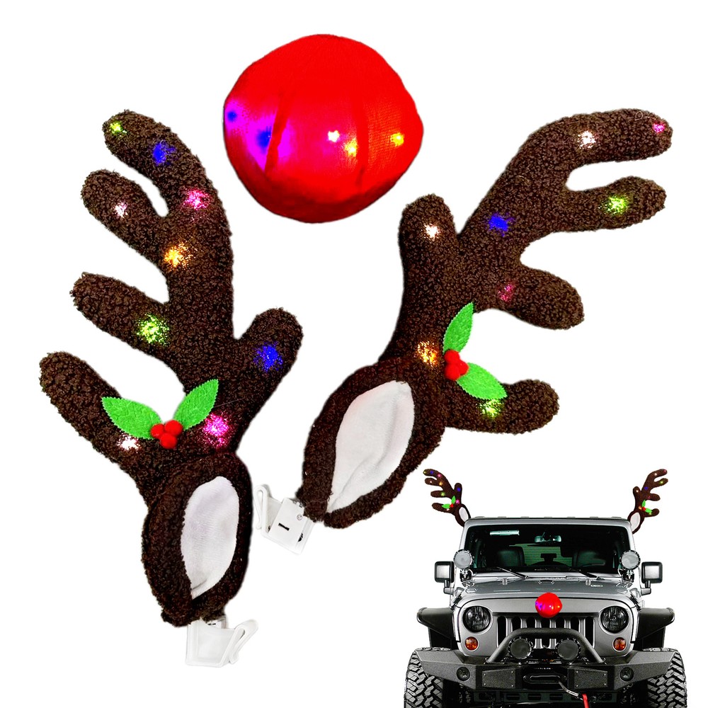 Car Reindeer Antler Kit Reindeer Antlers Nose Led Light XMAS Car Decor