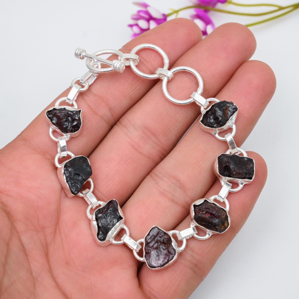 Raw Garnet Gemstone Jewelry 925 Sterling Silver Handmade Chain Bracelet For Gift