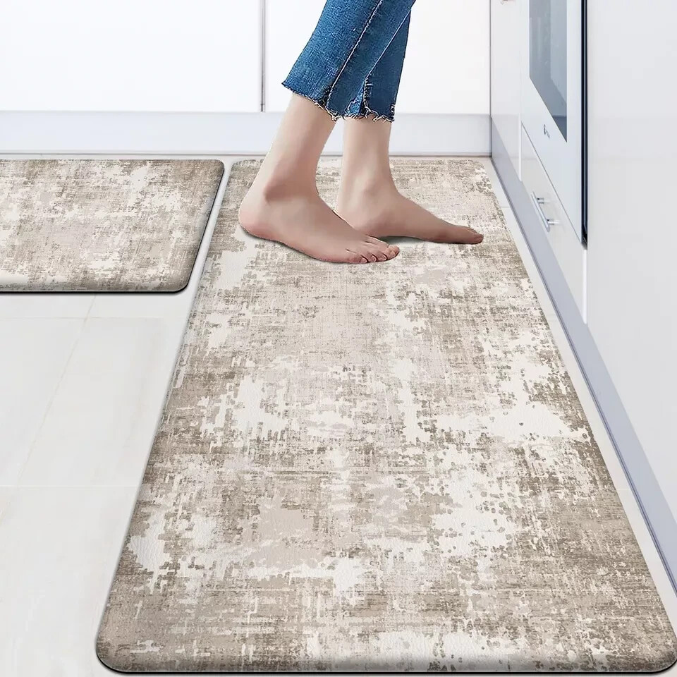 Non-Slip Cushioned Kitchen Rugs Set of 2 Beige Anti-Fatigue Floor Mats