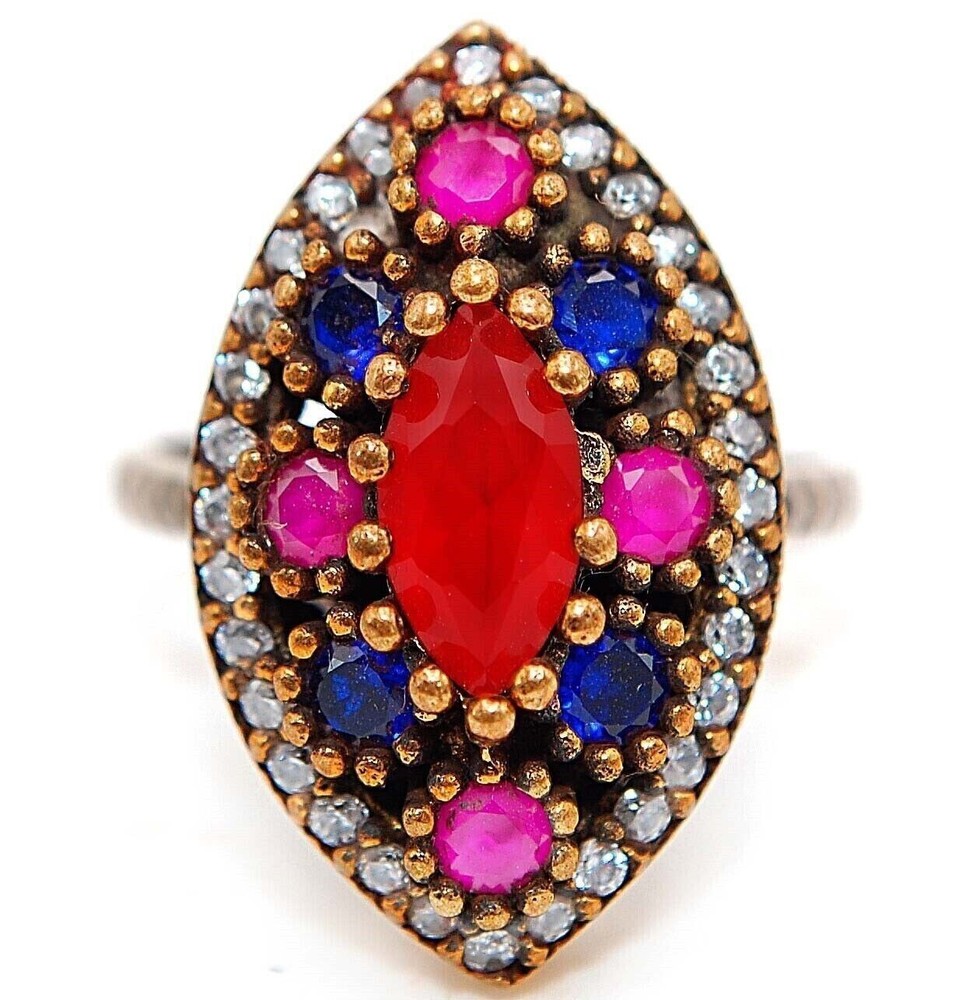 Exquisite Ottoman Empire Inspired 3CT Treated Ruby 925 Sterling Silver Ring Size 8