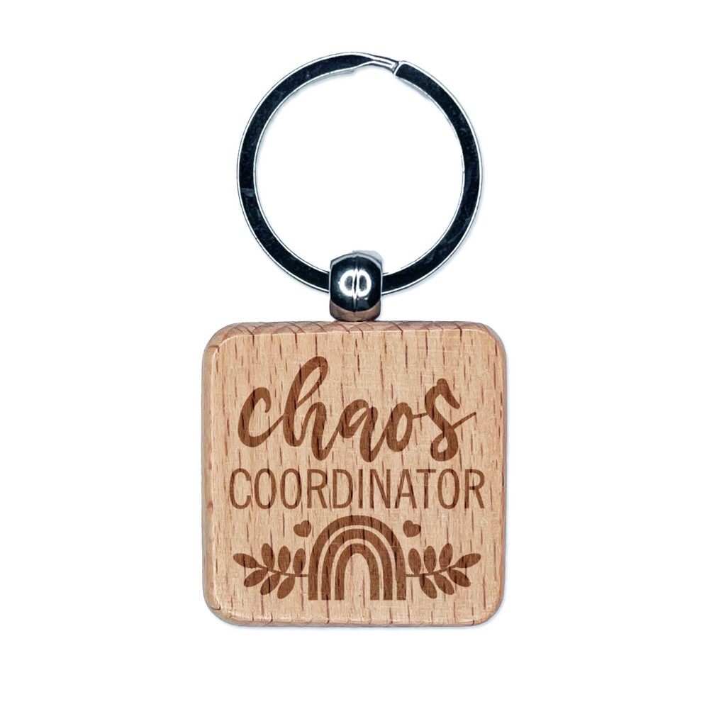 Chaos Coordinator Engraved Rainbow Wood Keychain Charm Tag  
