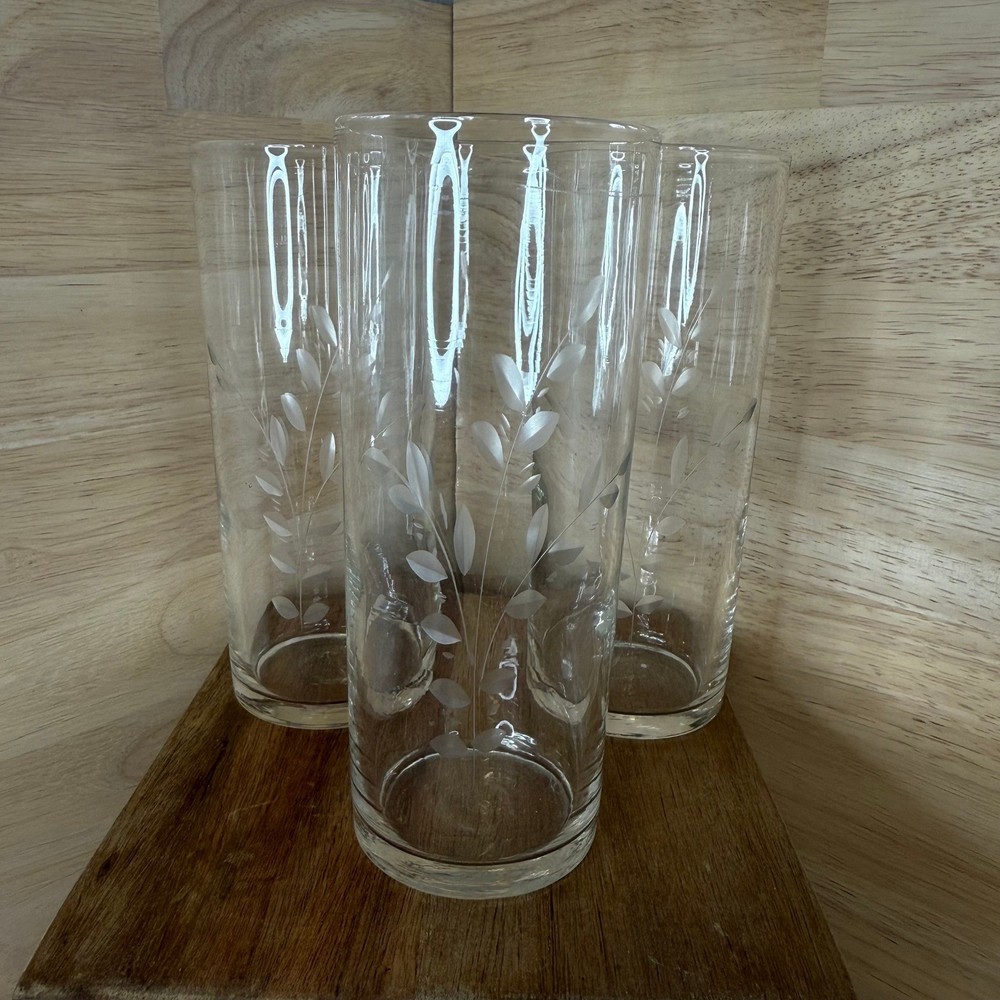 Vintage Set of 6 Etched Floral Leaf Design Collins Glasses Highball Barware