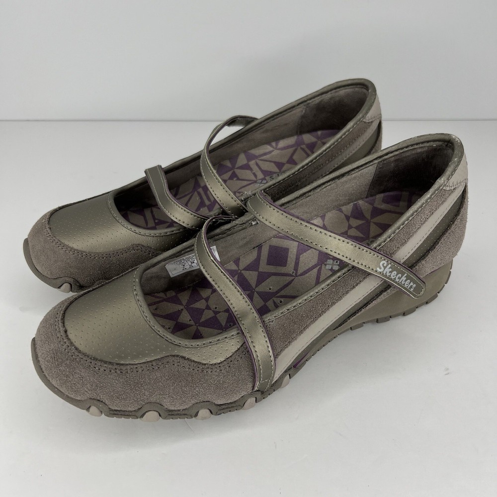 Skechers Taupe Strappy Cushioned Wedge Heel Womens Size 8 Faux Suede and Fabric