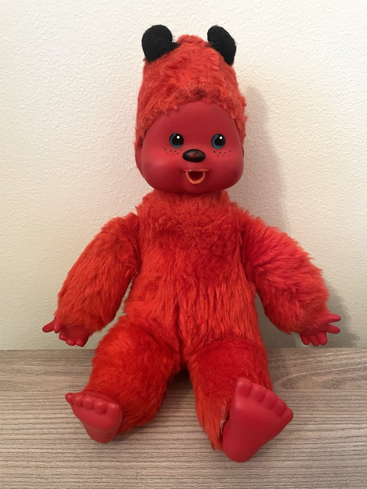 Vintage Monchichi Red Devil Monkey Thumb Sucker Rubber Face Plush Toy