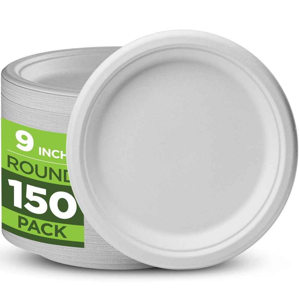 100% Compostable Paper Plates Heavy Duty -150 Pack Biodegradable Disposable P...