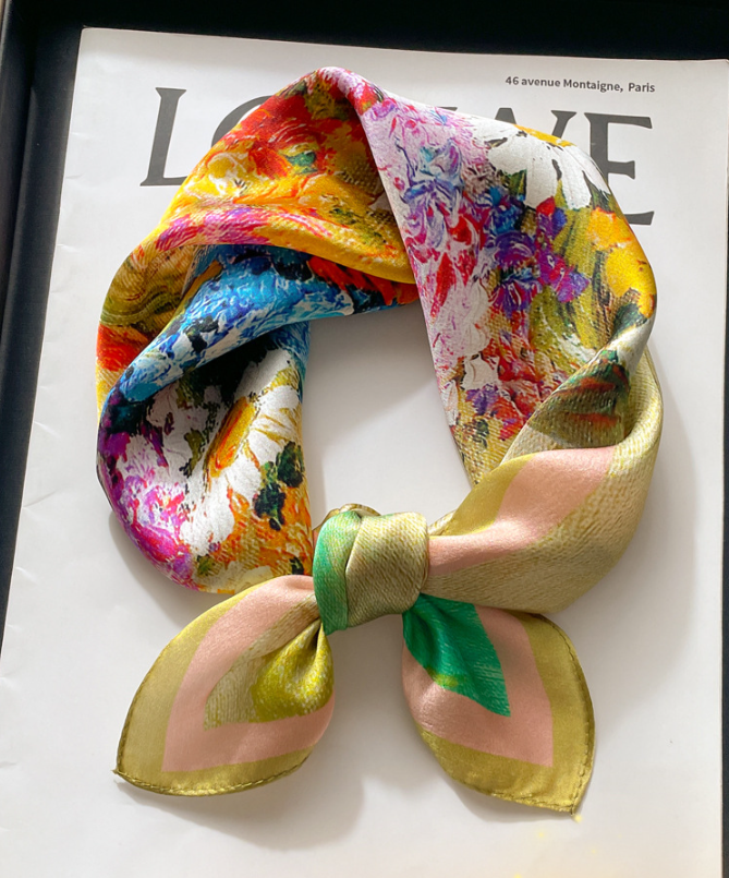 100% Silk Scarf Women’s Floral Field Bouquet Square Bandana Wrap 20 Inch
