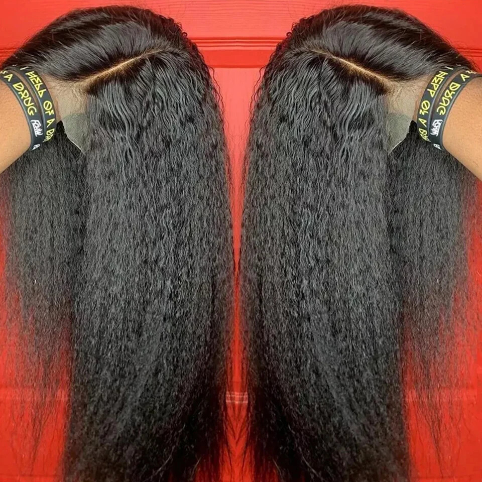 Kinky Straight Lace Front Wig with Baby Hair Synthetic Preplucked Glueless Human Hair Wig