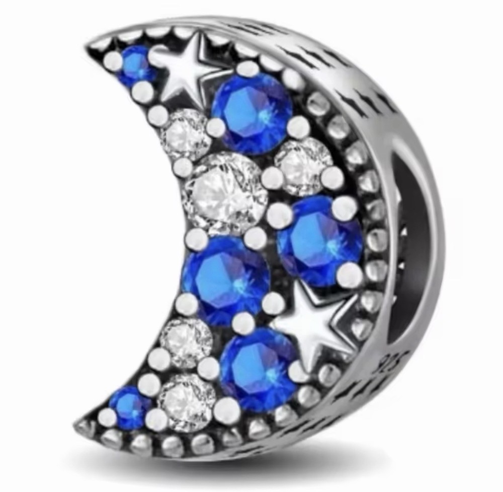 Half Moon Stars Dangle Charm Bead S925 Sterling Silver  Shiny Zircon Stones