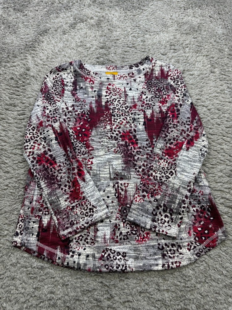 Ruby Rd Sweater Women PS Small Animal Print Roll Tab Snap Sleeve Kangaroo Pocket