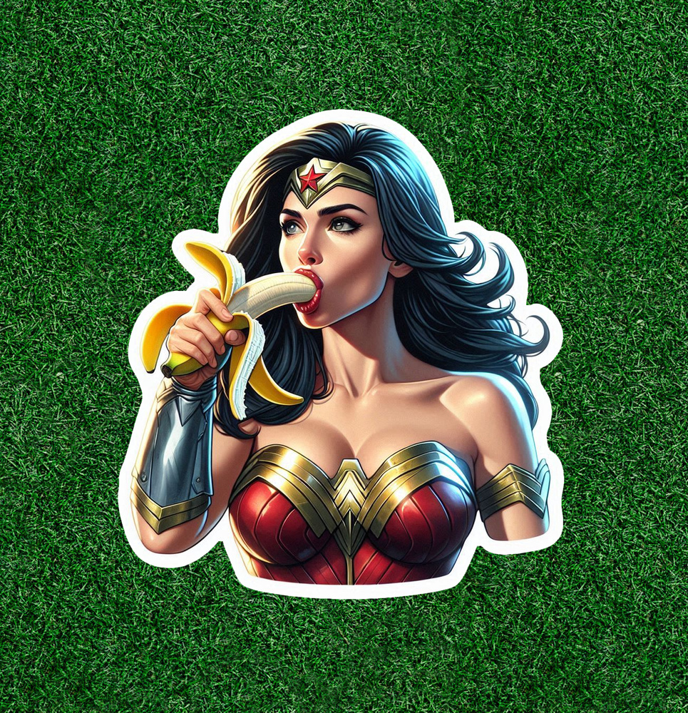 Wonder Woman eating banana waterproof vinyl sticker decal in multiple sizes