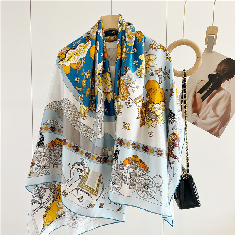 Carriage Flowers Print Pure Twill Silk Wrap Scarf Bandana Large Square Shawl53