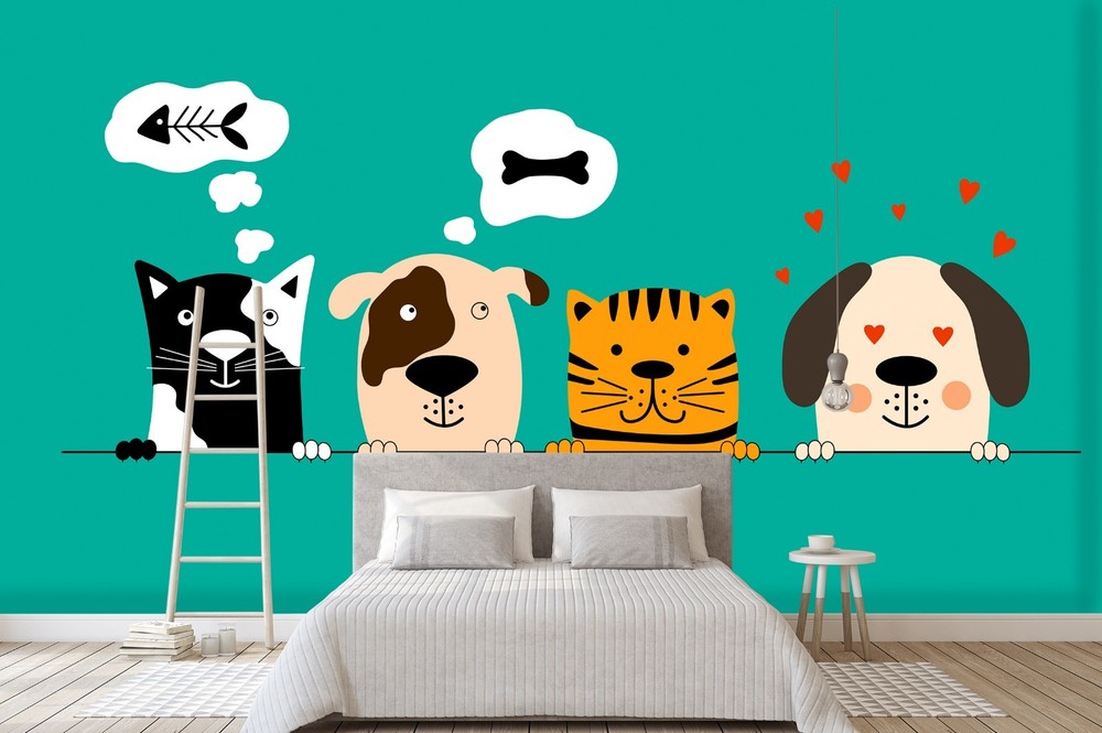 3D Cat Dog Cartoon Illustration Wall Murals Wallpaper Murals Wall Sticker