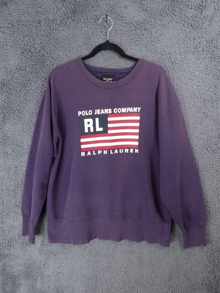 Vintage Ralph Lauren Jumper Mens Large Purple USA Flag Polo Jeans Sweatshirt Y2K