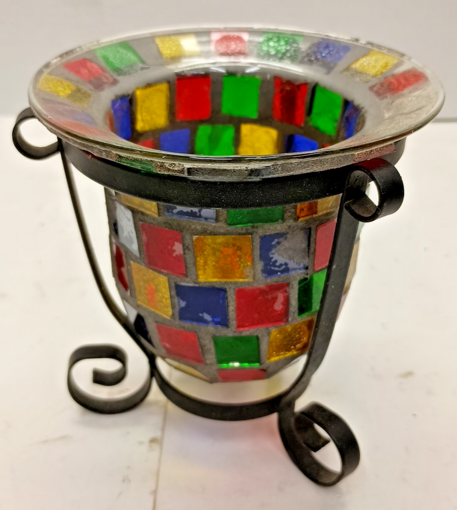 Elegant Mosaic Glass Tealight Holder with Black Metal Base 5.38 Inch