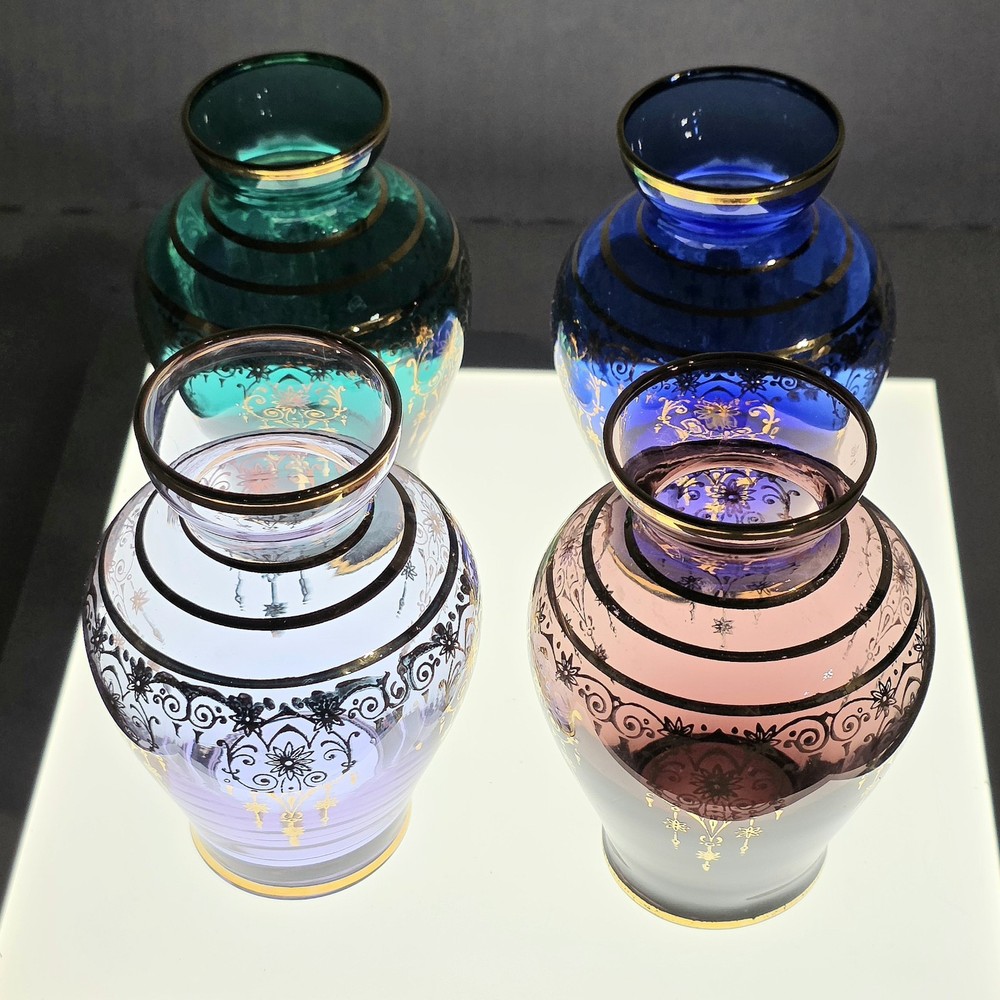 4 Bohemian Art Glass Jewel Tone Moroccan Inspired Bud Vases Gold Guild Scroll