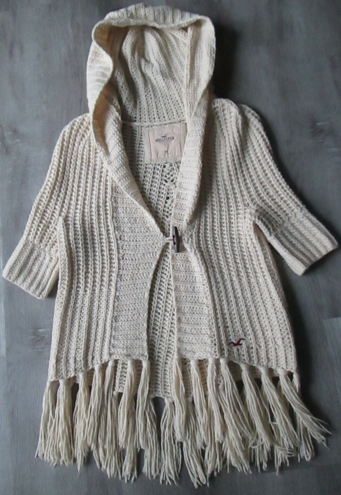 Vintage Hollister Beige Wool Fringed Hoodie Cardigan Boho Sweater Size M L