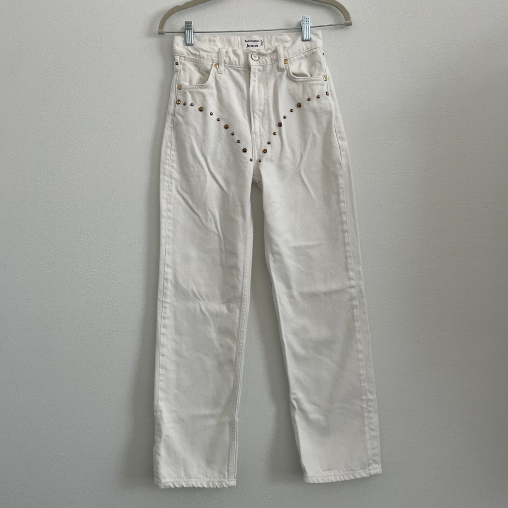 Reformation Women's 24 White Cowboy Studded High Rise Straight Leg Jeans