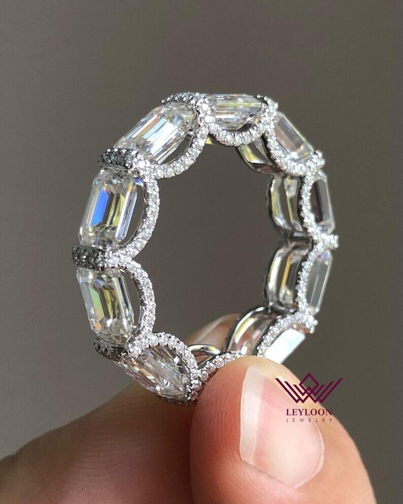Emerald Cut Eternity Band D Color Moissanite 10K Gold Ring