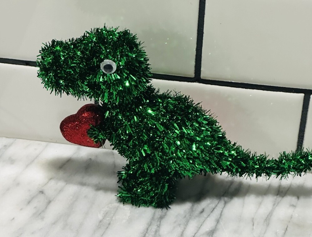 Valentine’s Day Green Tinsel Dinosaur 3D Tabletop Decor 7 Inch