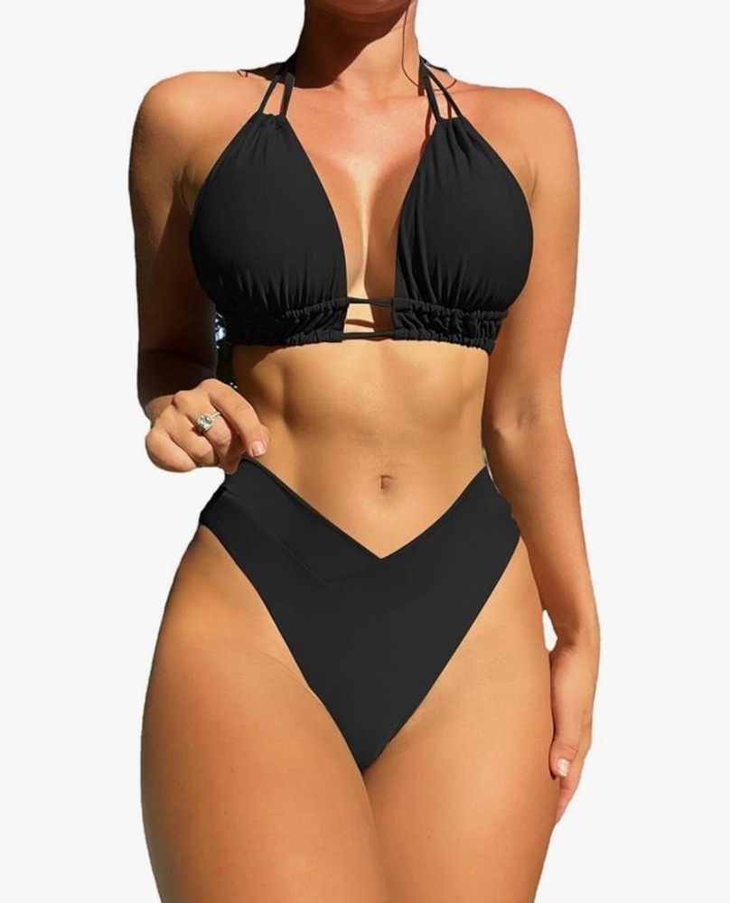 Meetall Cheeky Bikini Set High Cut Leg Triangle String Halter Swimsuit Large